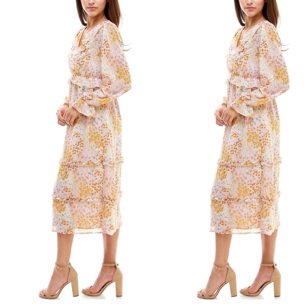 Floral print tiered ruffle midi dress 3/4 slv - Picture 5 of 8